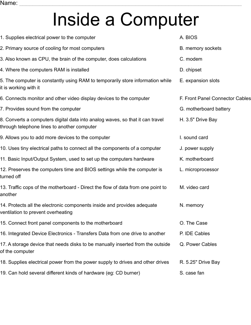 Inside a Computer Worksheet