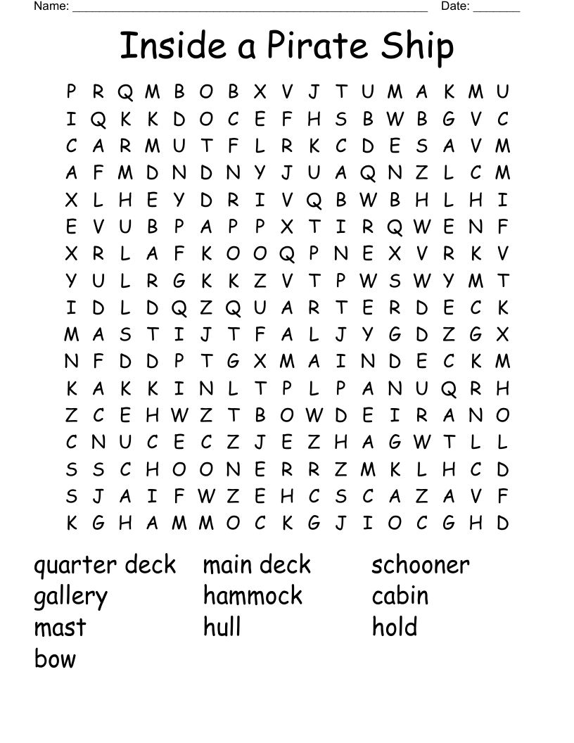 Inside a Pirate Ship Word Search