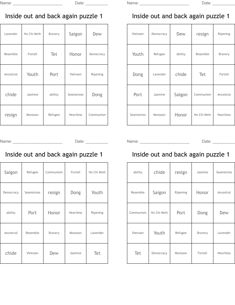 Inside out and back again puzzle 1 Bingo Cards