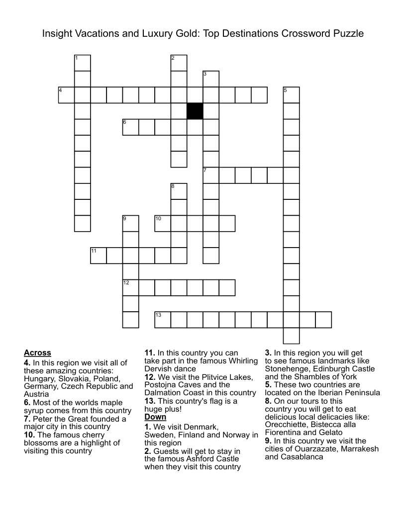 Insight Vacations and Luxury Gold: Top Destinations Crossword Puzzle