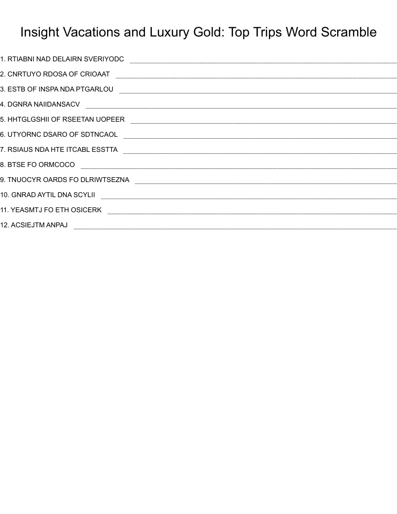 Insight Vacations and Luxury Gold: Top Trips Word Scramble
