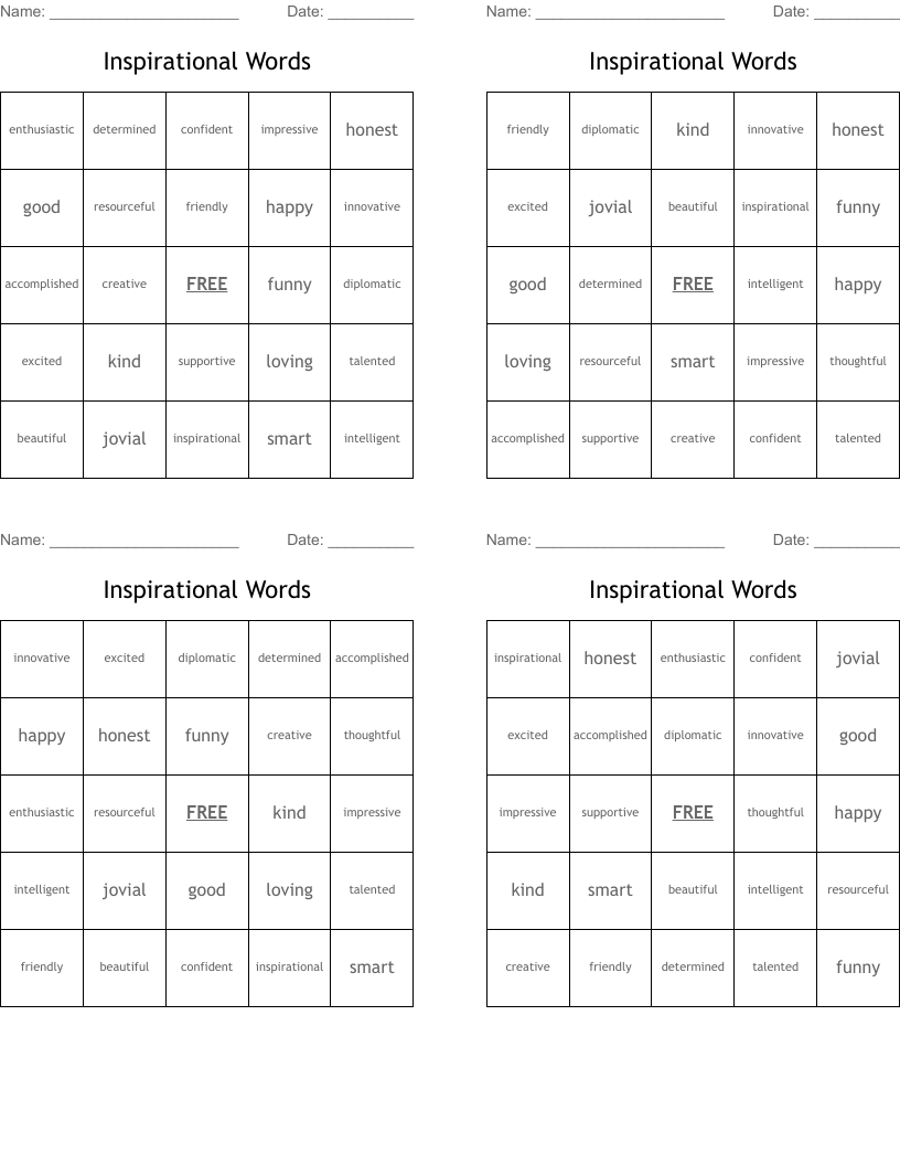 Inspirational Words Bingo Cards