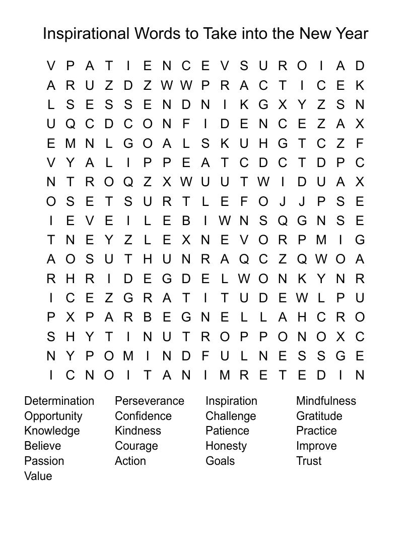 Inspirational Words to Take into the New Year Word Search