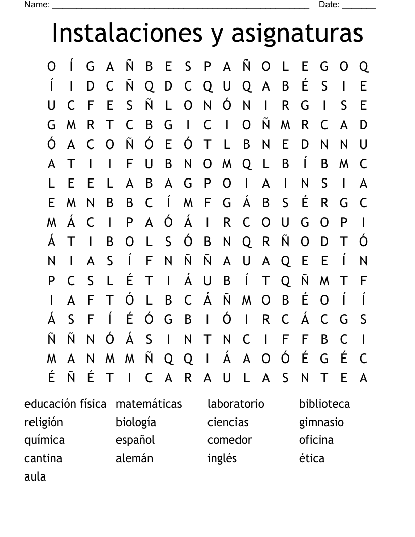 Instalaciones y asignaturas Word Search