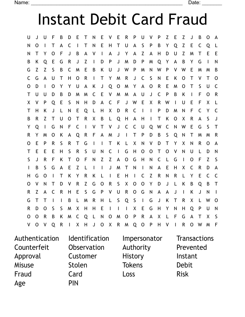 Instant Debit Card Fraud Word Search