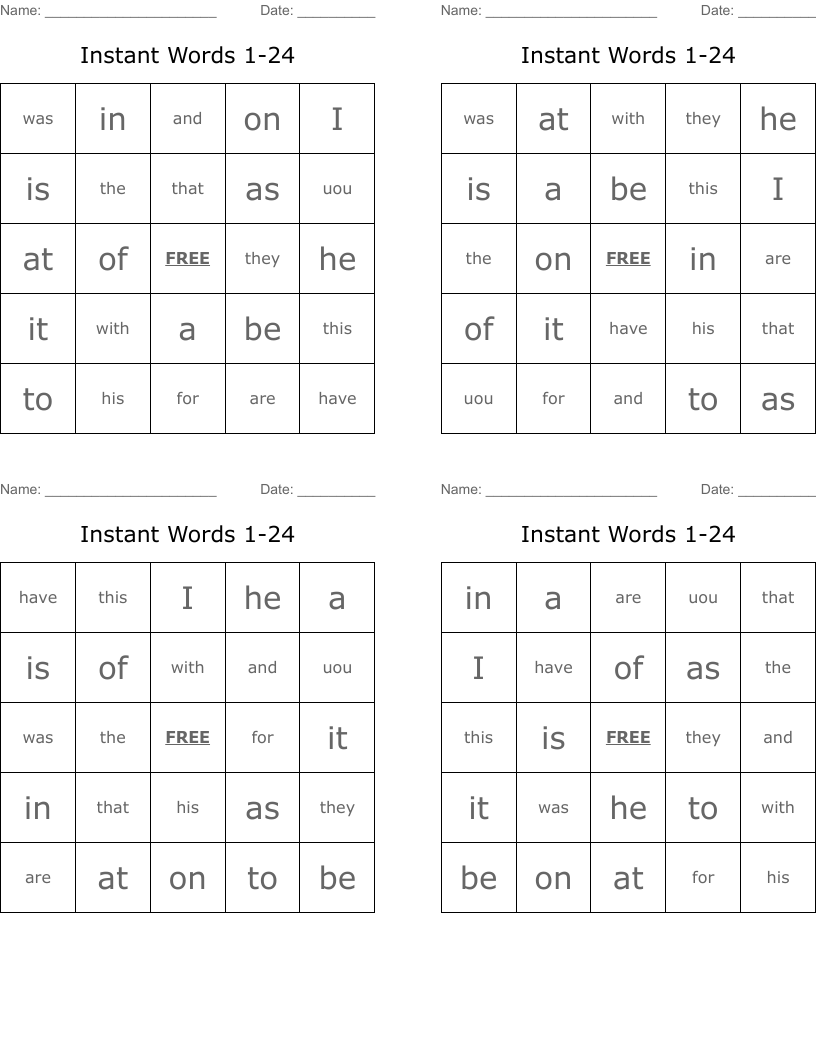 Instant Words 1-24 Bingo Cards