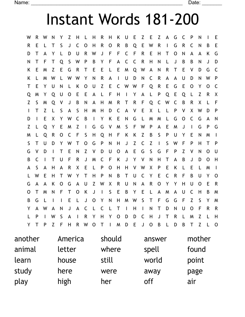 Instant Words 181-200 Word Search