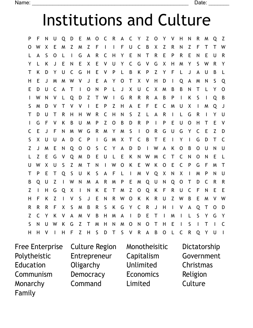 Institutions and Culture  Word Search
