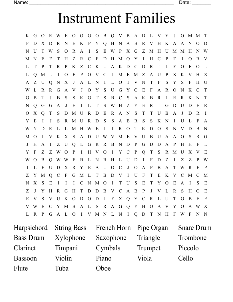 Instrument Families Word Search