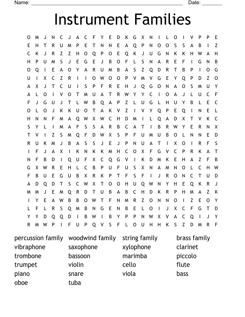 Instrument Families Word Search