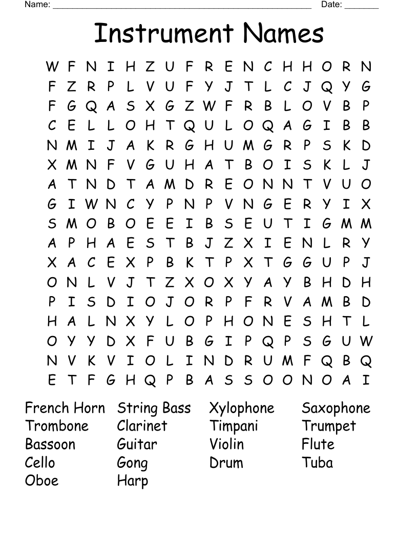 Instrument Names Word Search