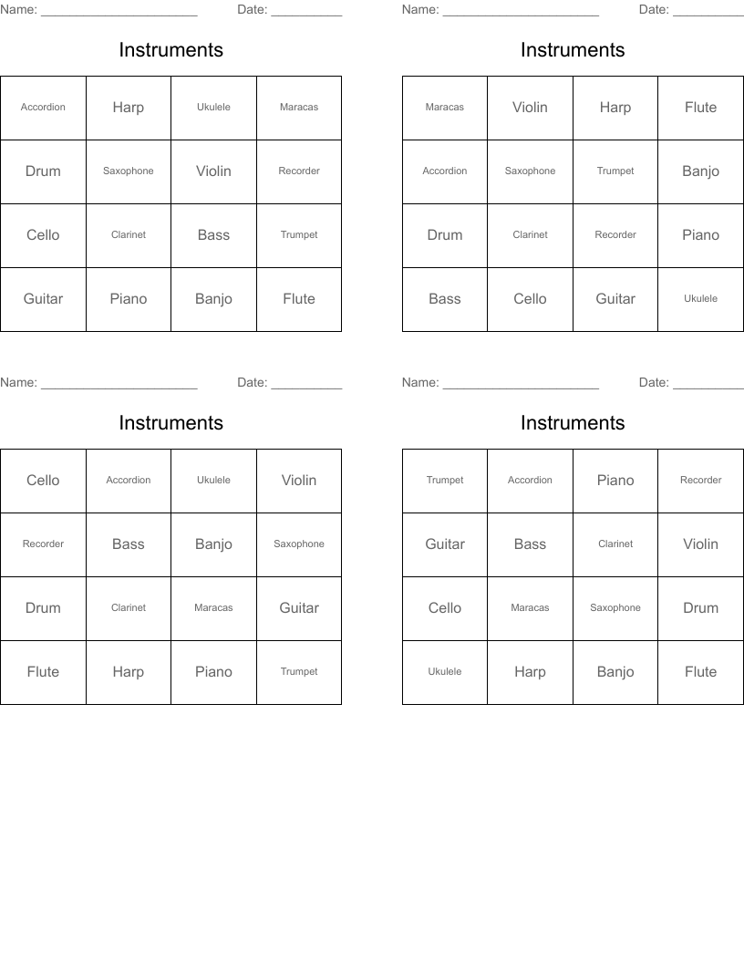 Instruments Bingo Cards
