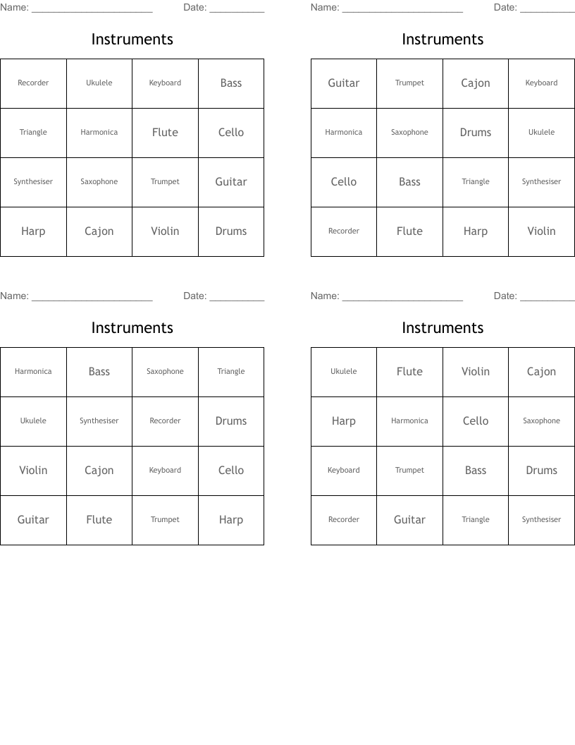 Instruments Bingo Cards
