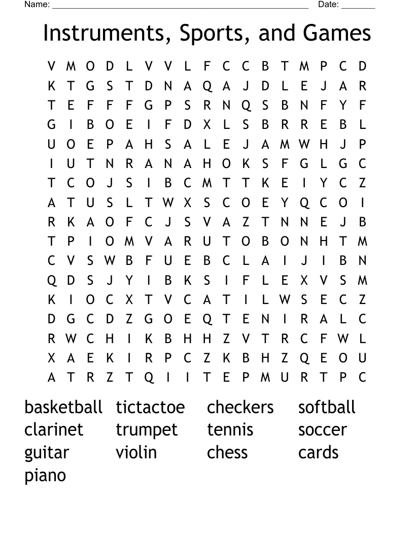 Instruments, Sports, and Games Word Search
