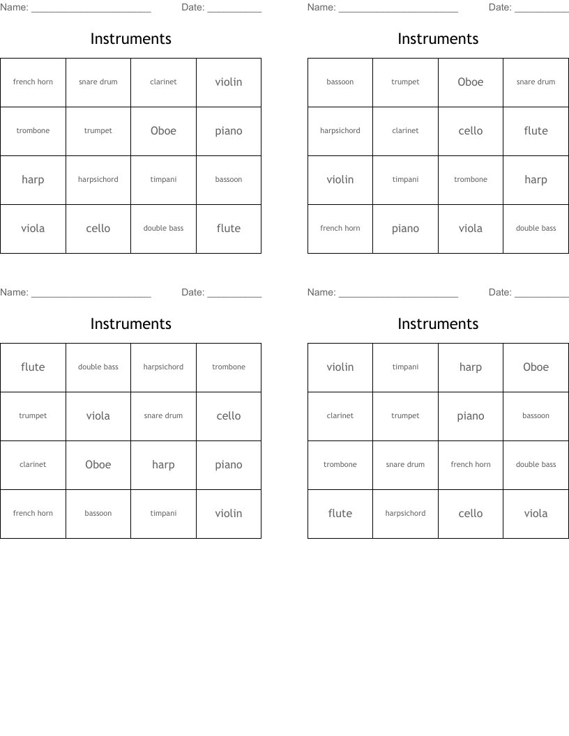 Instruments  Bingo Cards
