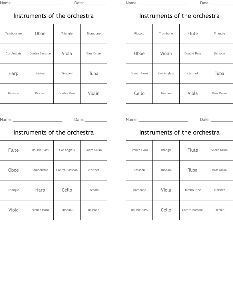 Instruments of the orchestra  Bingo Cards