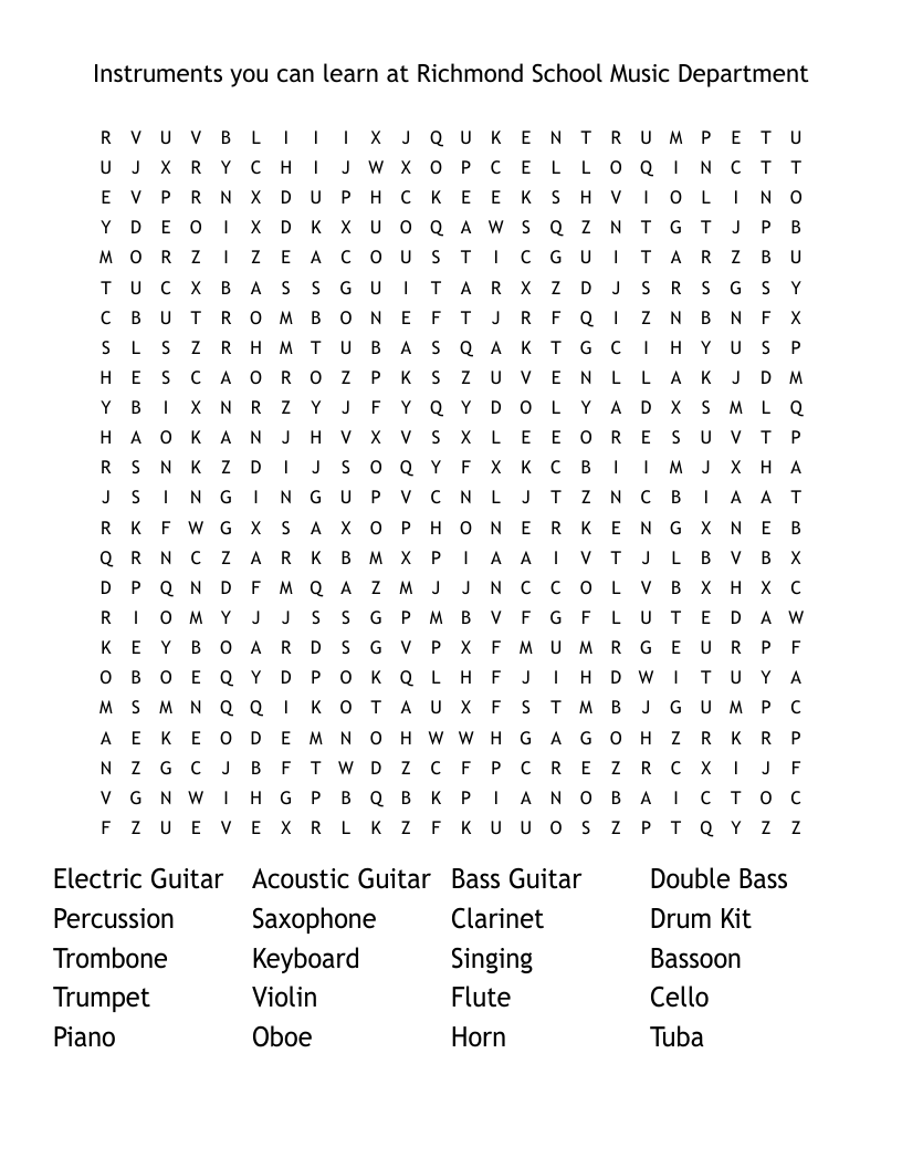 Instruments you can learn at Richmond School Music Department Word Search