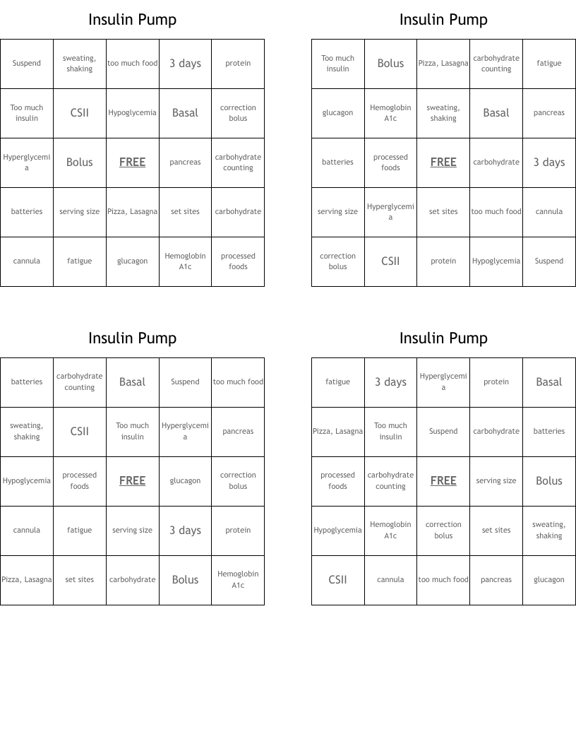 Insulin Pump Bingo Cards