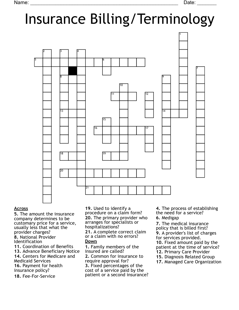 Insurance Billing/Terminology Crossword