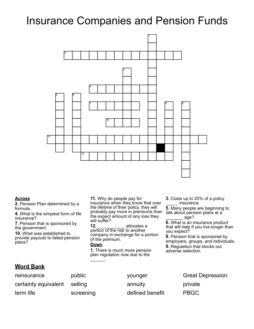 Insurance Companies and Pension Funds Crossword