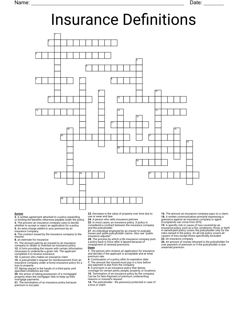 Insurance Definitions Crossword