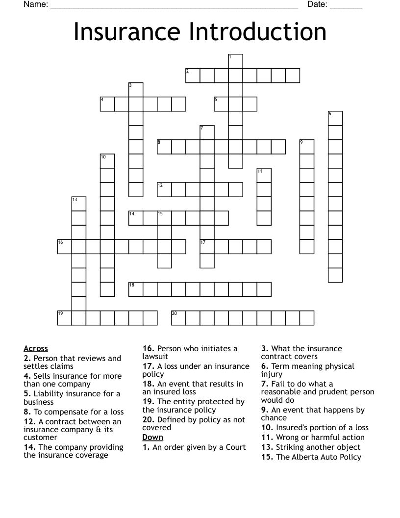 Insurance Introduction Crossword