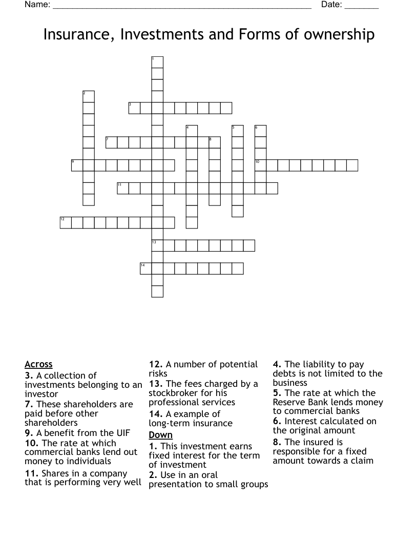Insurance, Investments and Forms of ownership Crossword