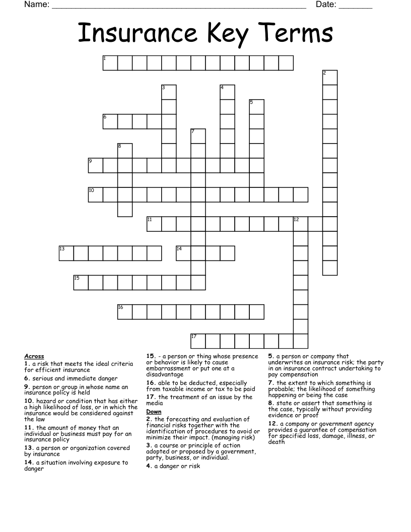 Insurance Key Terms Crossword