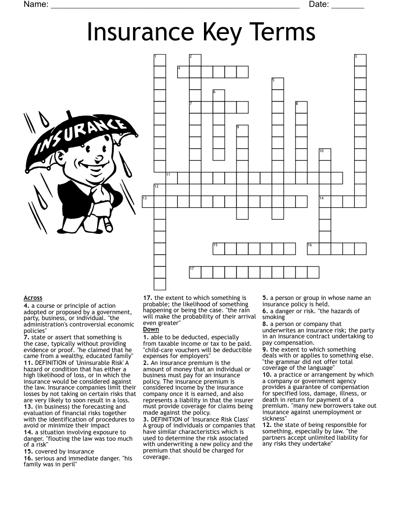 Insurance Key Terms Crossword
