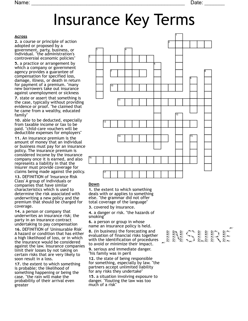 Insurance Key Terms Crossword