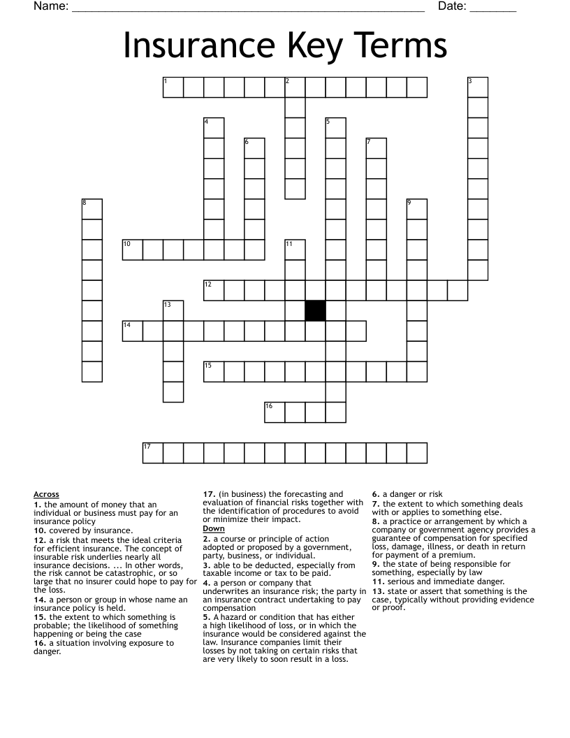 Insurance Key Terms Crossword