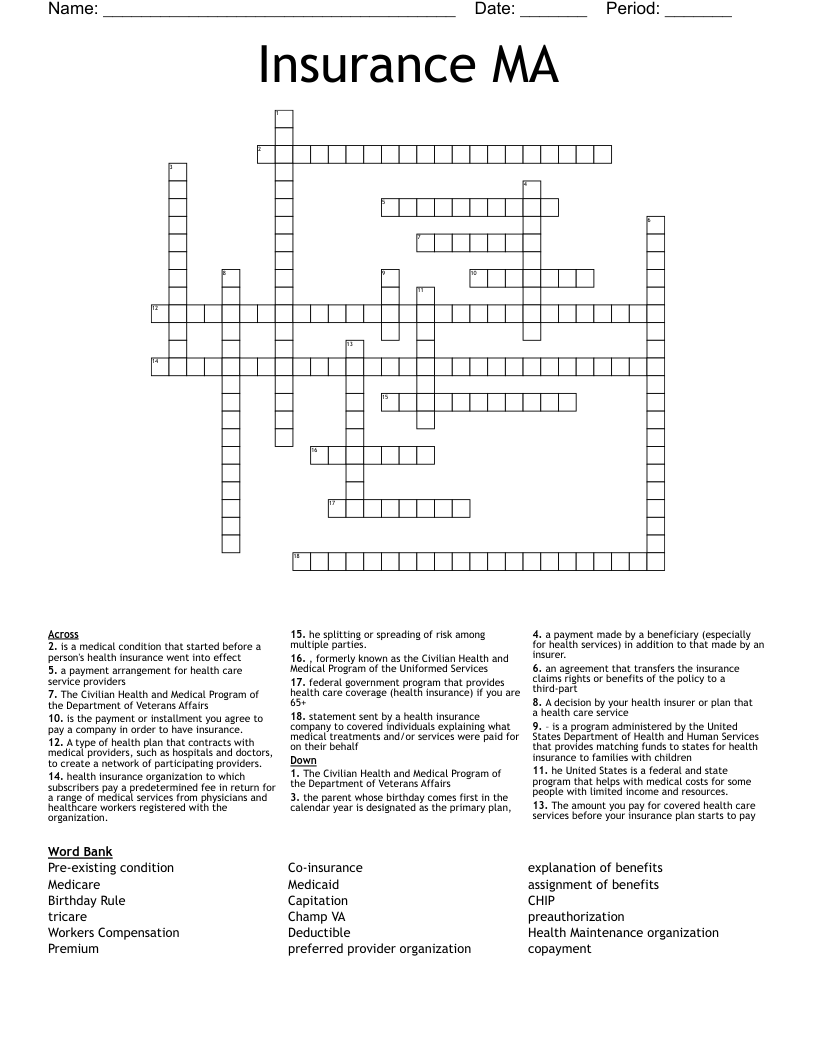 Insurance MA Crossword