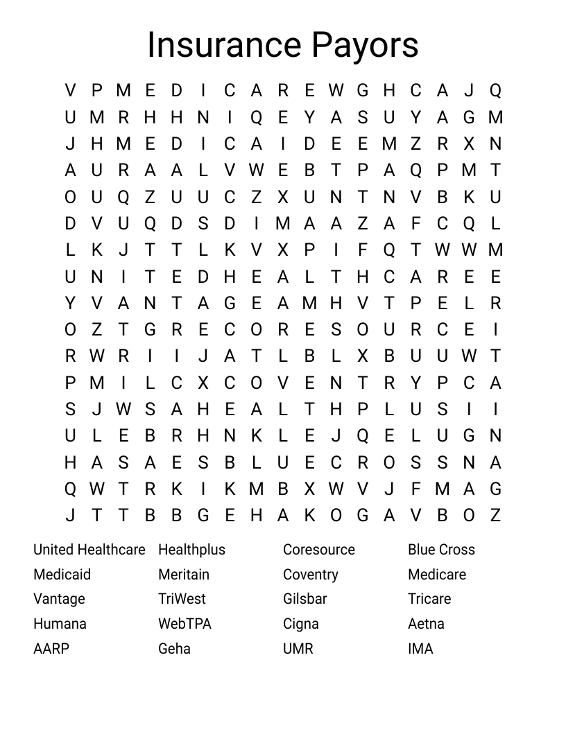 Insurance Payors Word Search