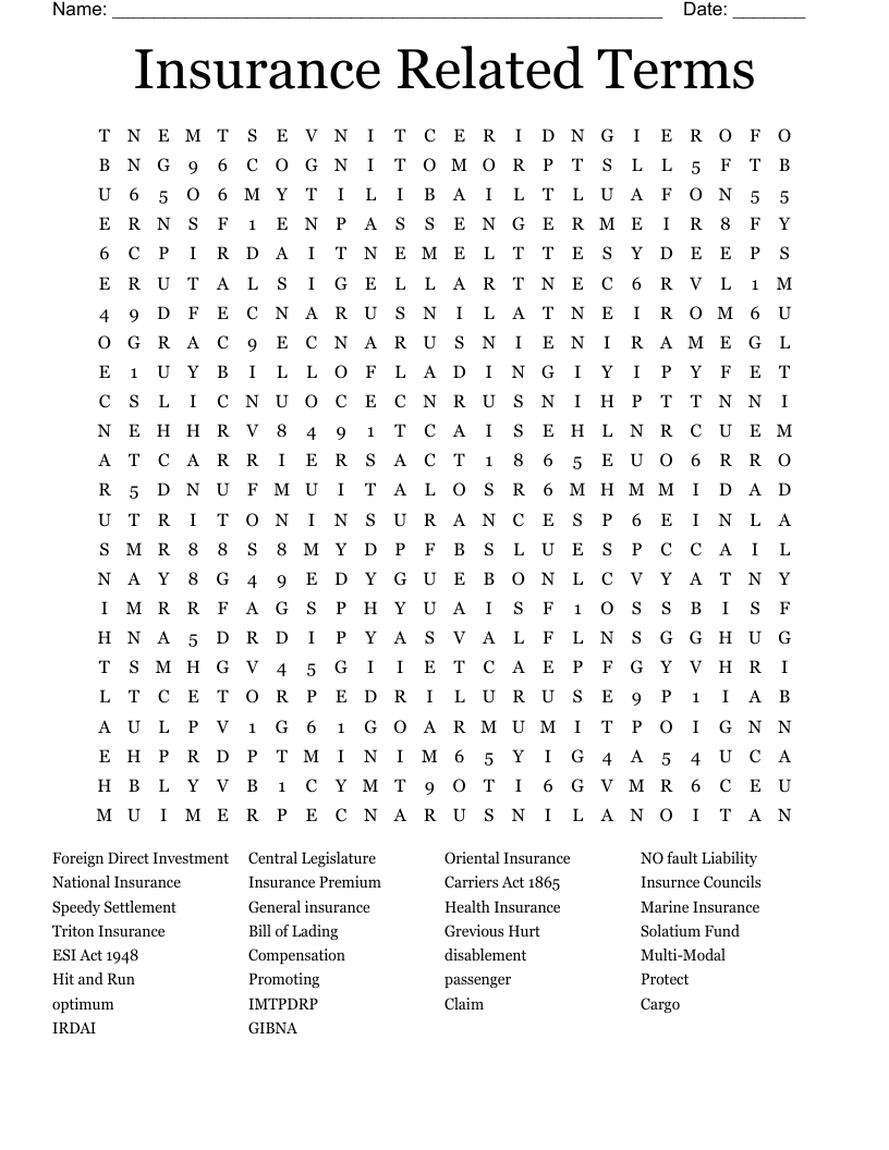Insurance Related Terms Word Search
