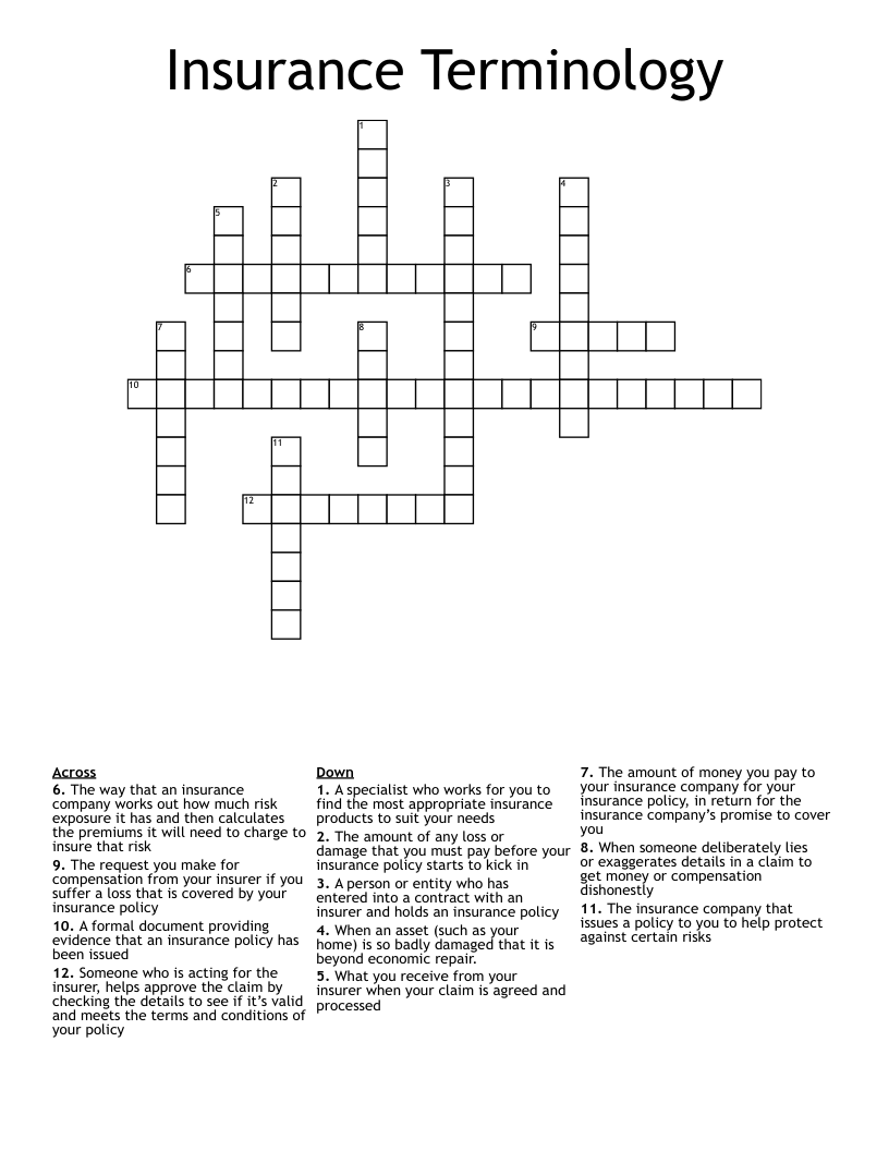 Insurance Terminology Crossword