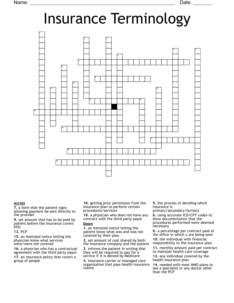 Insurance Terminology Crossword