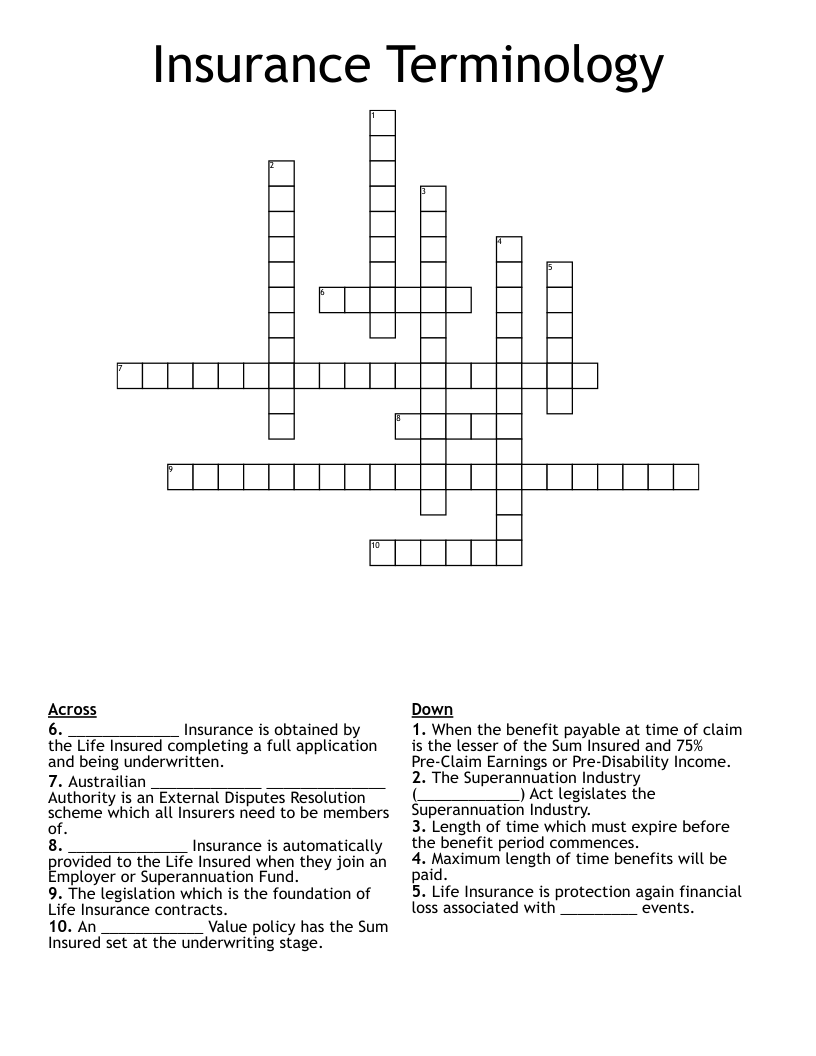 Insurance Terminology Crossword