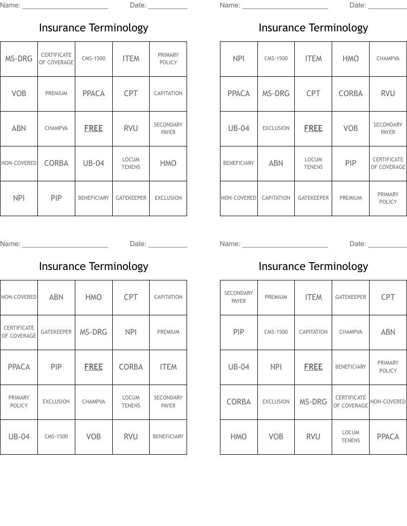 Insurance Terminology Bingo Cards
