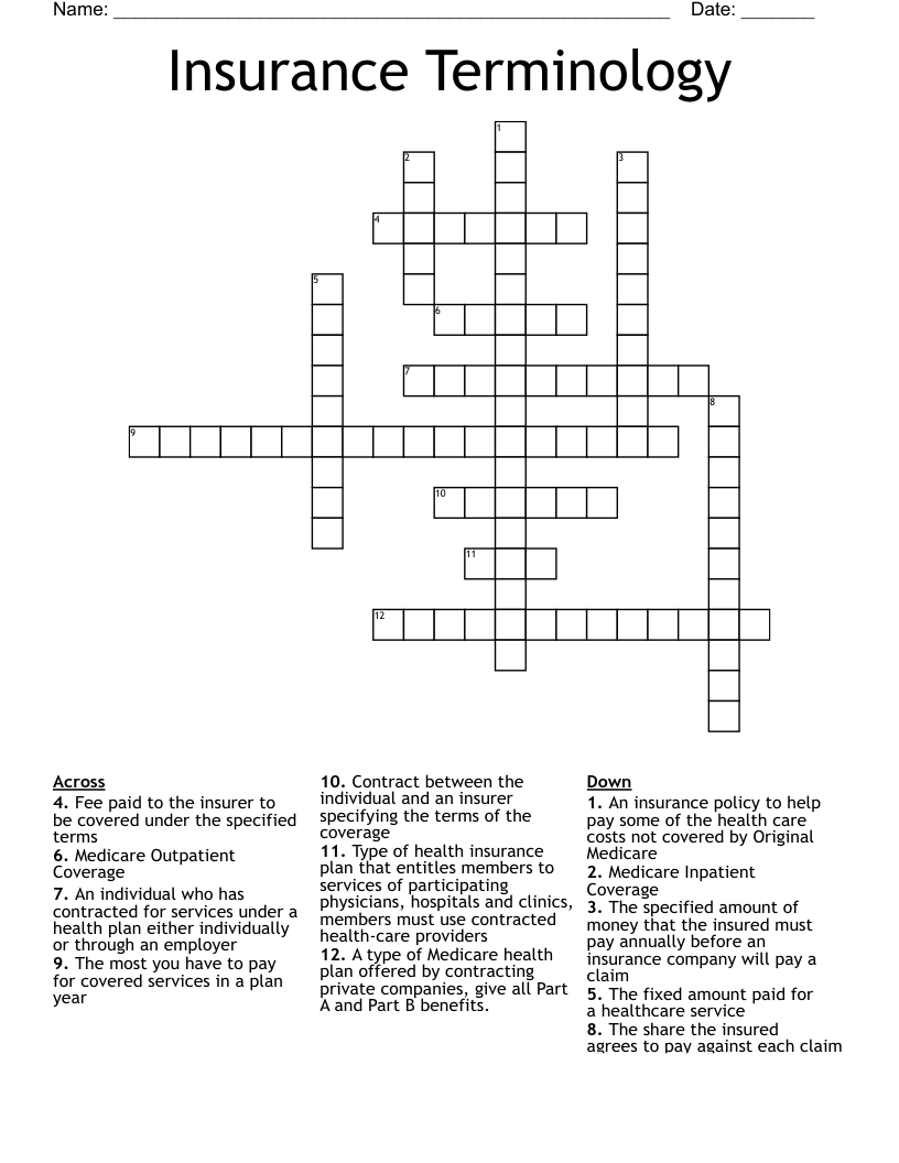 Insurance Terminology Crossword