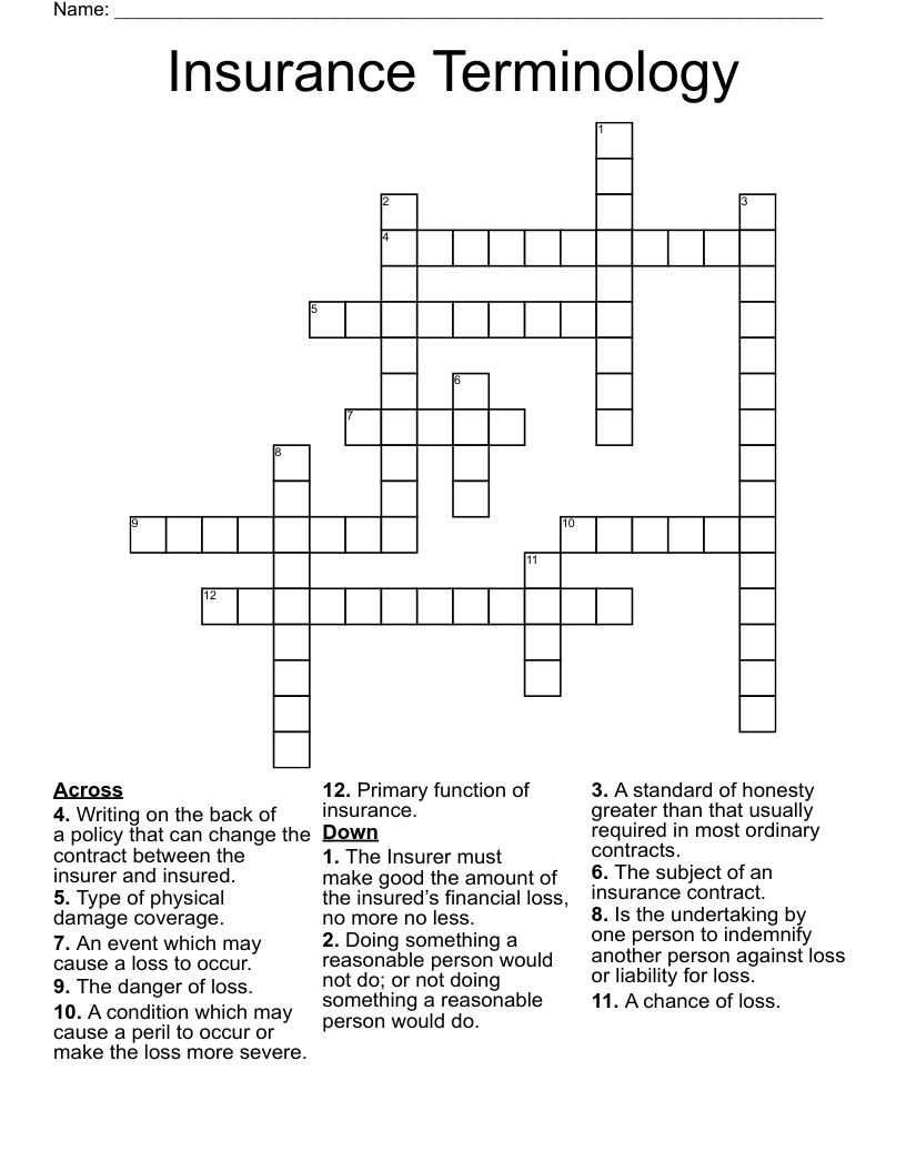 Insurance Terminology Crossword