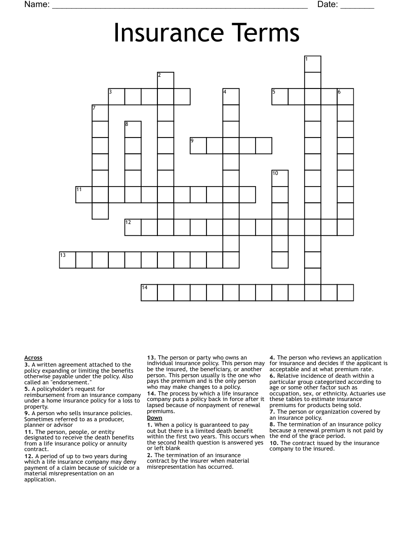 Insurance Terms Crossword