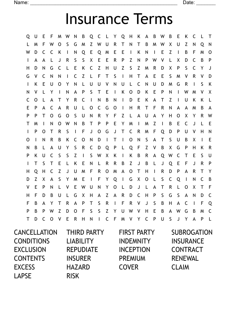 Insurance Terms Word Search