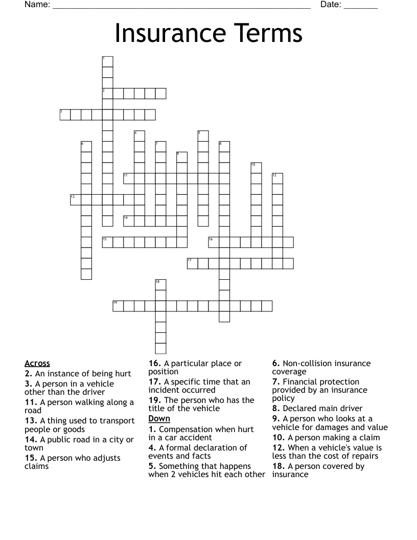 Insurance Terms Crossword