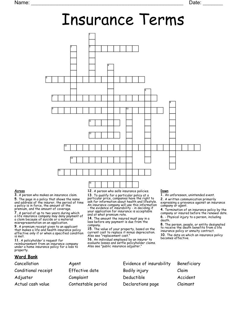 Insurance Terms Crossword