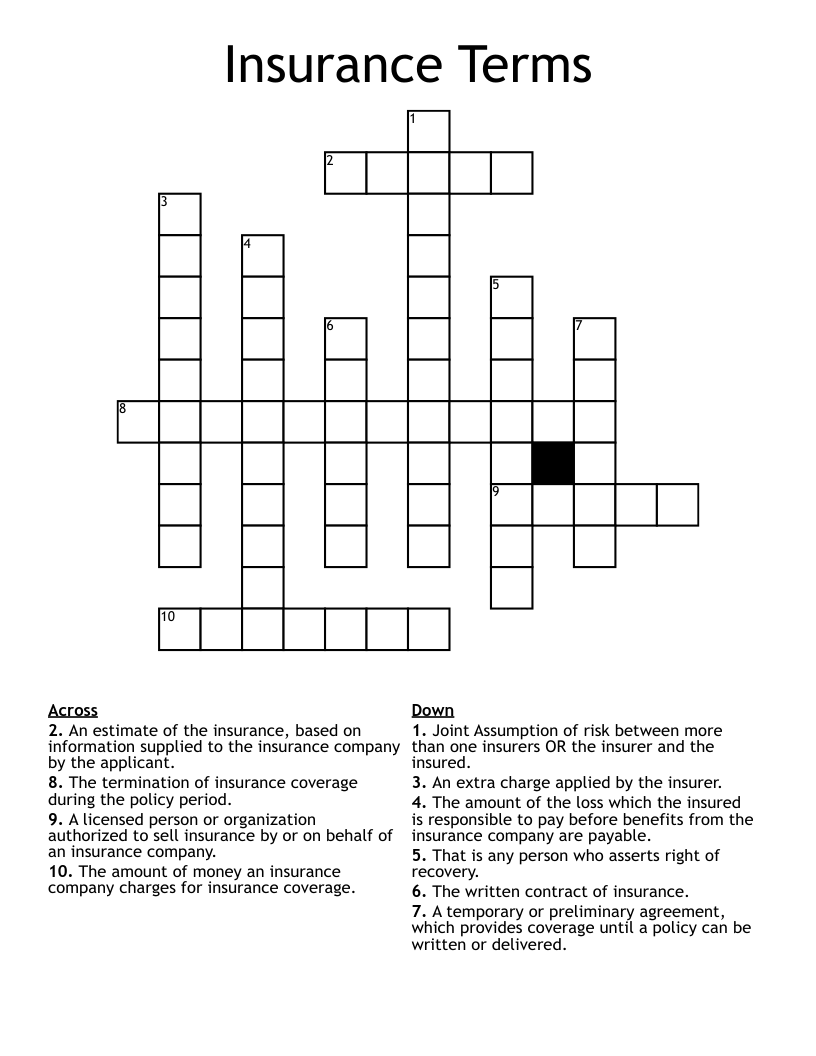 Insurance Terms Crossword
