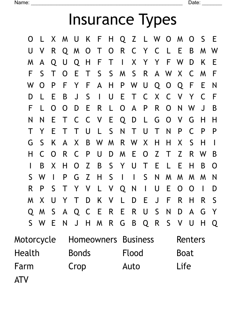Insurance Types Word Search