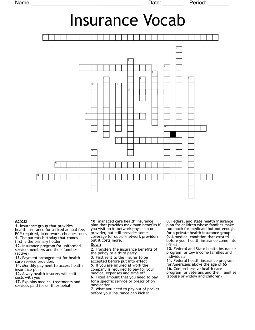 Insurance Vocab Crossword