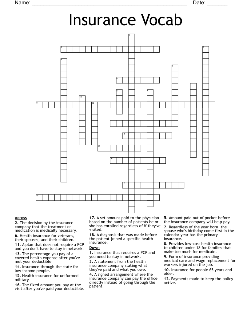 Insurance Vocab Crossword