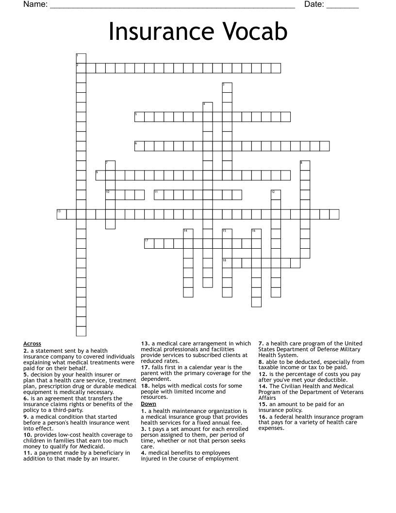 Insurance Vocab Crossword
