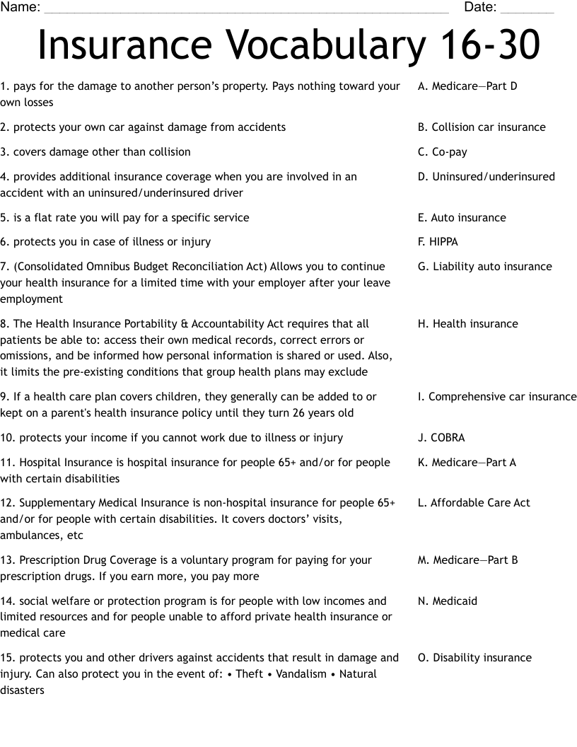 Insurance Vocabulary 16-30 Worksheet